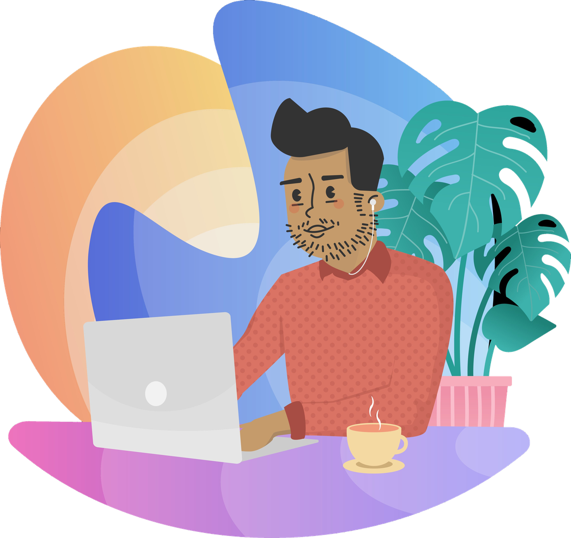 Illustration of Sim working at a laptop with a coffee and a monstera plant